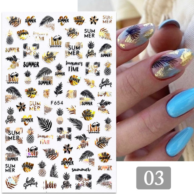 Gold Silver 3D DIY Sticker Leaf Leaves Flower Stickers for Nails Laser Holpgraphics Transfer Decal Spring Summer Series Slider