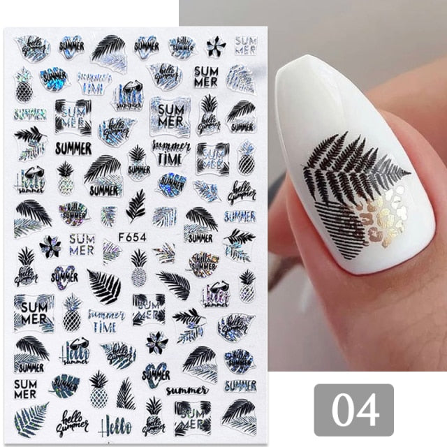 Gold Silver 3D DIY Sticker Leaf Leaves Flower Stickers for Nails Laser Holpgraphics Transfer Decal Spring Summer Series Slider