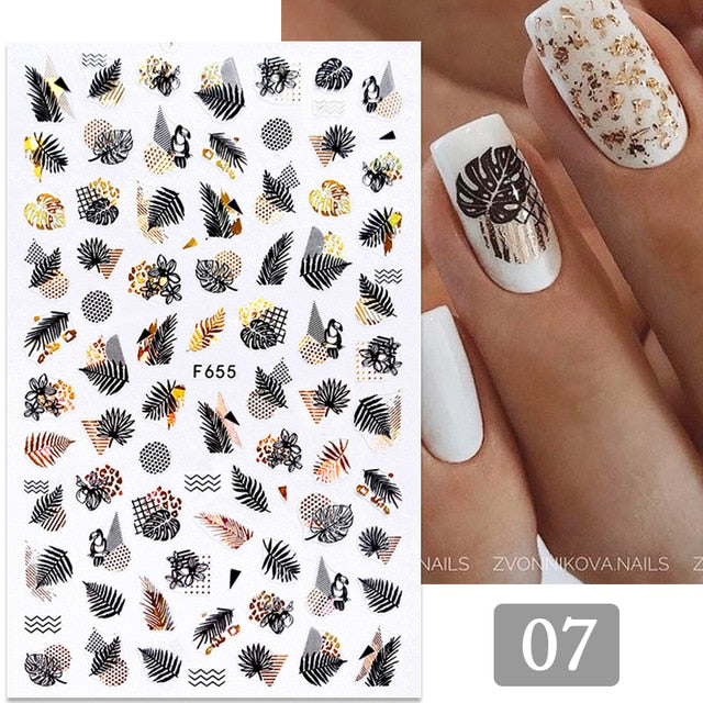 Gold Silver 3D DIY Sticker Leaf Leaves Flower Stickers for Nails Laser Holpgraphics Transfer Decal Spring Summer Series Slider