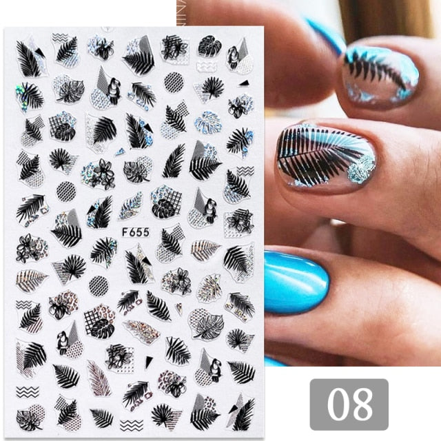 Gold Silver 3D DIY Sticker Leaf Leaves Flower Stickers for Nails Laser Holpgraphics Transfer Decal Spring Summer Series Slider