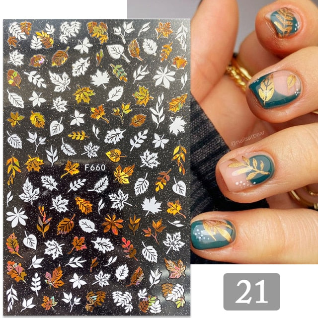 Gold Silver 3D DIY Sticker Leaf Leaves Flower Stickers for Nails Laser Holpgraphics Transfer Decal Spring Summer Series Slider