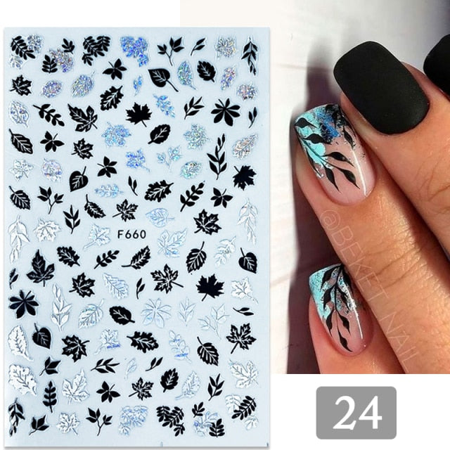 Gold Silver 3D DIY Sticker Leaf Leaves Flower Stickers for Nails Laser Holpgraphics Transfer Decal Spring Summer Series Slider