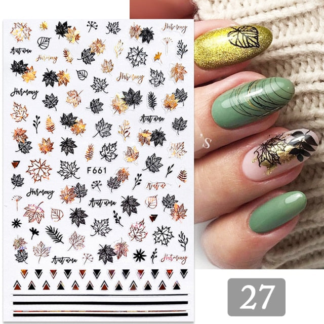 Gold Silver 3D DIY Sticker Leaf Leaves Flower Stickers for Nails Laser Holpgraphics Transfer Decal Spring Summer Series Slider