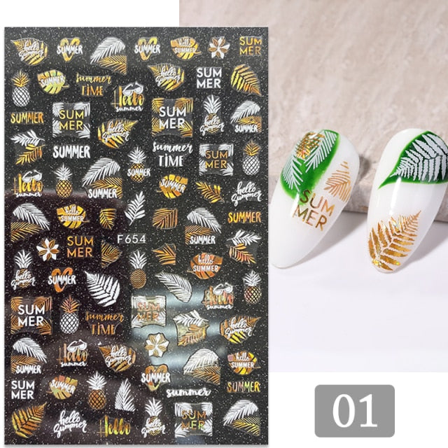 Gold Silver 3D DIY Sticker Leaf Leaves Flower Stickers for Nails Laser Holpgraphics Transfer Decal Spring Summer Series Slider