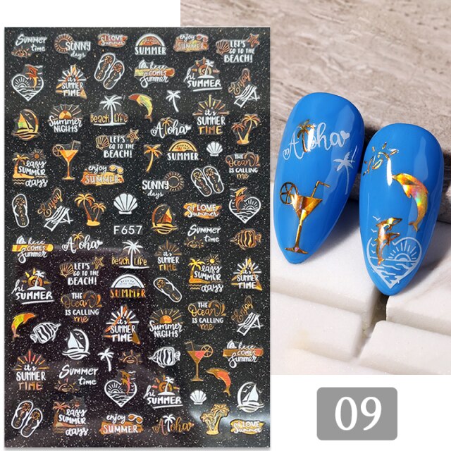 Gold Silver 3D DIY Sticker Leaf Leaves Flower Stickers for Nails Laser Holpgraphics Transfer Decal Spring Summer Series Slider