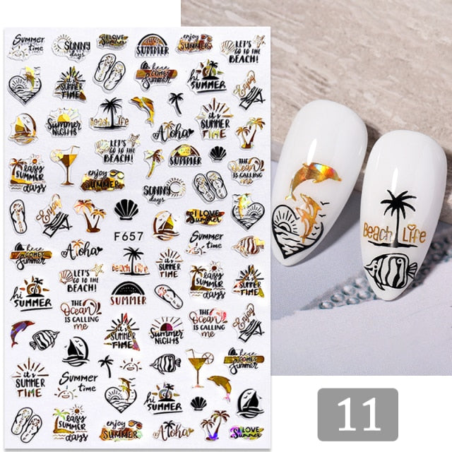 Gold Silver 3D DIY Sticker Leaf Leaves Flower Stickers for Nails Laser Holpgraphics Transfer Decal Spring Summer Series Slider