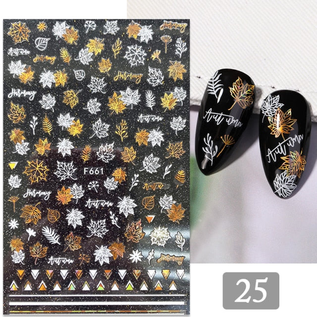 Gold Silver 3D DIY Sticker Leaf Leaves Flower Stickers for Nails Laser Holpgraphics Transfer Decal Spring Summer Series Slider