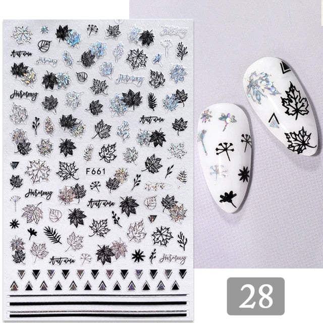 Gold Silver 3D DIY Sticker Leaf Leaves Flower Stickers for Nails Laser Holpgraphics Transfer Decal Spring Summer Series Slider