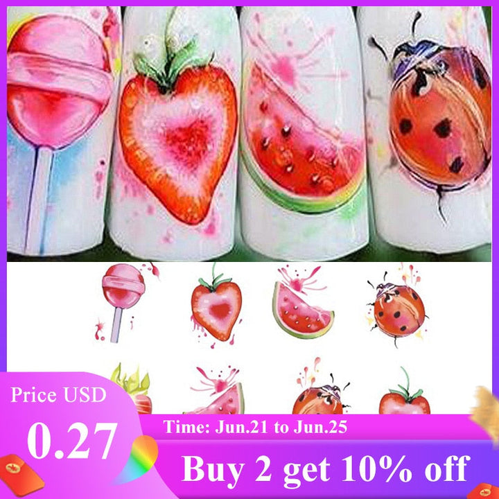 1PCS Strawberry Summer Fruit Drinking Stickers For Nails Manicure Nail Art Design Water Transfer Watermark Beauty Decals TRSTZ