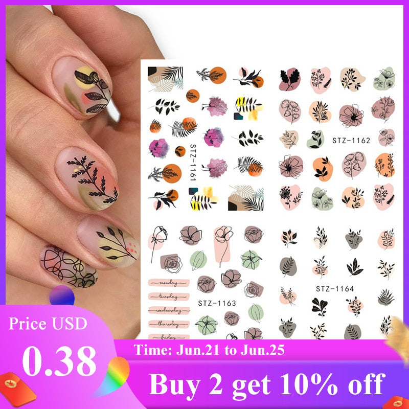 4pcs/Set Leaf Flowers Water Nail Decals Stickers Abstract Floral Sliders Manicure Nail Art Decorations for Summer TRSTZ1137-1180