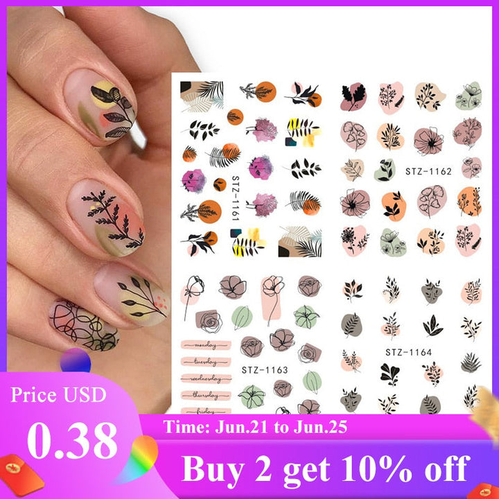 4pcs/Set Leaf Flowers Water Nail Decals Stickers Abstract Floral Sliders Manicure Nail Art Decorations for Summer TRSTZ1137-1180