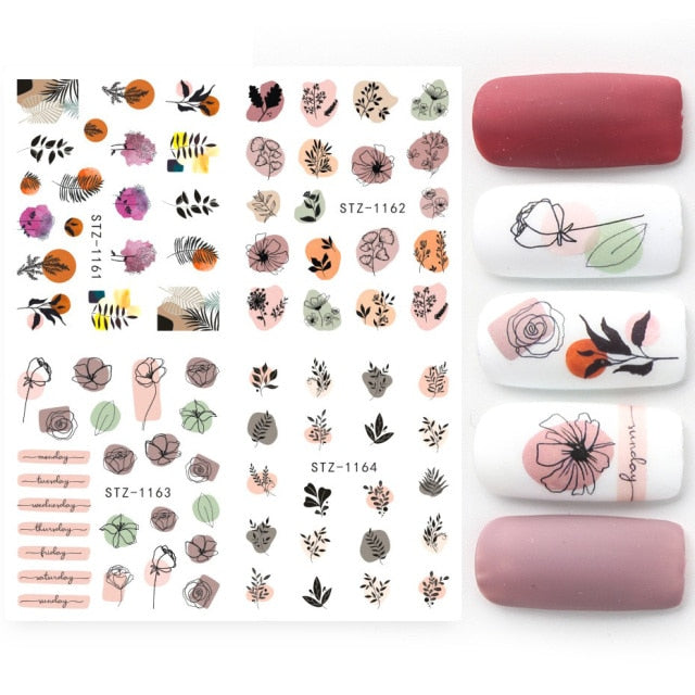 4pcs/Set Leaf Flowers Water Nail Decals Stickers Abstract Floral Sliders Manicure Nail Art Decorations for Summer TRSTZ1137-1180