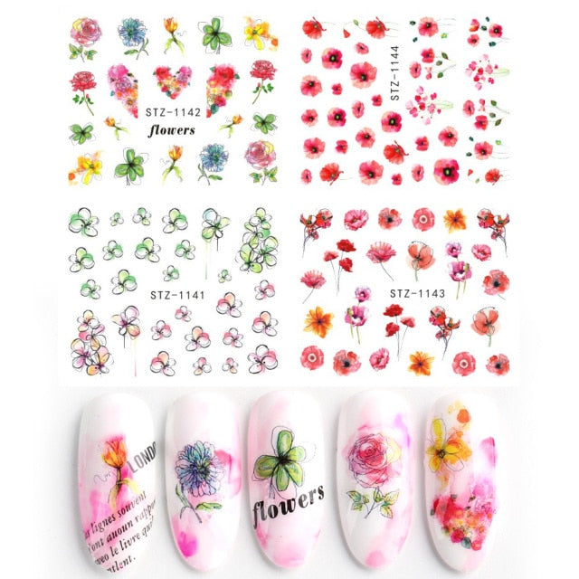 4pcs/Set Leaf Flowers Water Nail Decals Stickers Abstract Floral Sliders Manicure Nail Art Decorations for Summer TRSTZ1137-1180