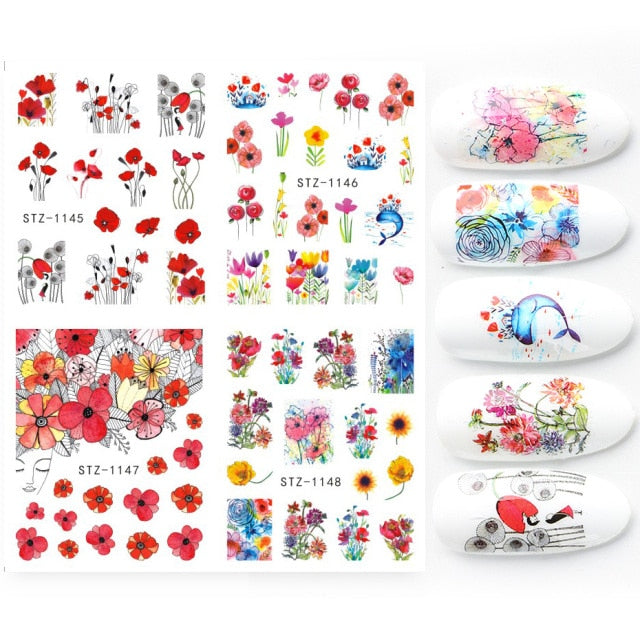 4pcs/Set Leaf Flowers Water Nail Decals Stickers Abstract Floral Sliders Manicure Nail Art Decorations for Summer TRSTZ1137-1180