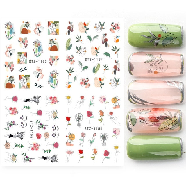 4pcs/Set Leaf Flowers Water Nail Decals Stickers Abstract Floral Sliders Manicure Nail Art Decorations for Summer TRSTZ1137-1180