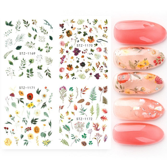 4pcs/Set Leaf Flowers Water Nail Decals Stickers Abstract Floral Sliders Manicure Nail Art Decorations for Summer TRSTZ1137-1180