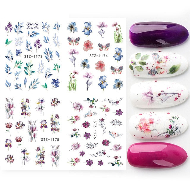 4pcs/Set Leaf Flowers Water Nail Decals Stickers Abstract Floral Sliders Manicure Nail Art Decorations for Summer TRSTZ1137-1180