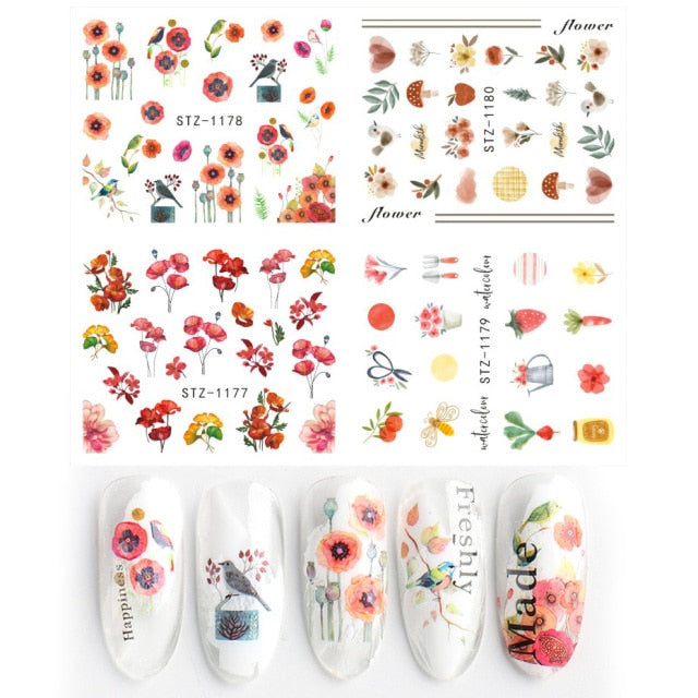 4pcs/Set Leaf Flowers Water Nail Decals Stickers Abstract Floral Sliders Manicure Nail Art Decorations for Summer TRSTZ1137-1180
