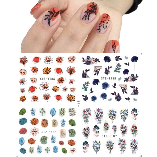 4pcs/Set Leaf Flowers Water Nail Decals Stickers Abstract Floral Sliders Manicure Nail Art Decorations for Summer TRSTZ1137-1180