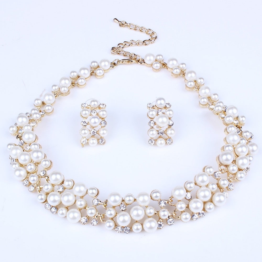 Fashion Pearl Jewelry Sets For Women African Beads Jewelry Set Gold Wedding Crystal Bridal Dubai Necklace Jewelery Costume