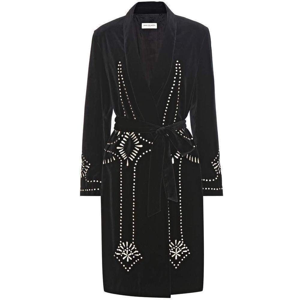 Ravik Black Sequin Embroidered Robe Coat-Coats-Dries Van Noten-FR 38-Black-Cotton-Runway Catalog