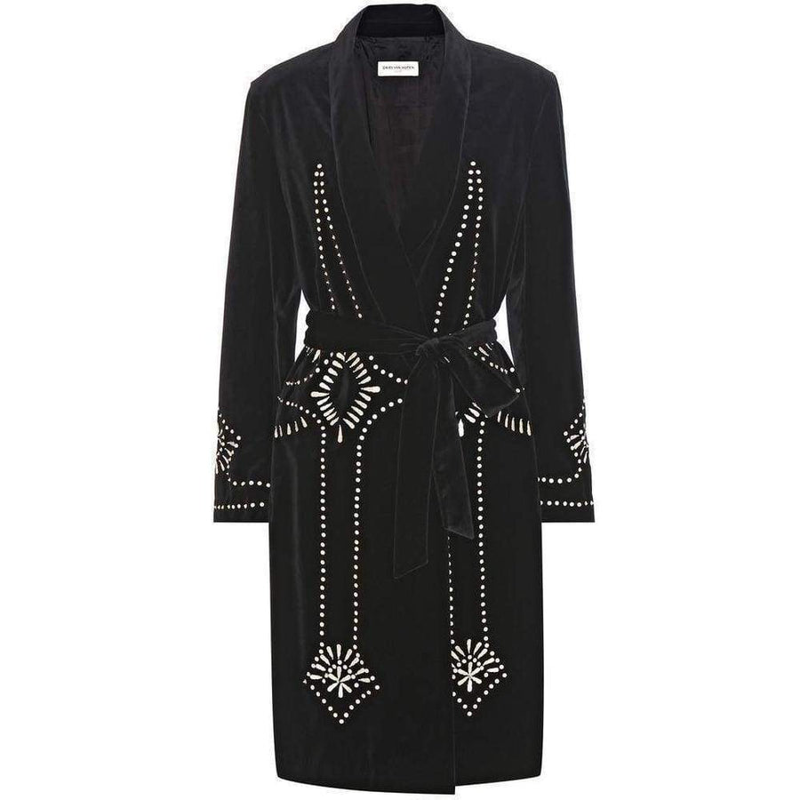 Ravik Black Sequin Embroidered Robe Coat-Coats-Dries Van Noten-FR 38-Black-Cotton-Runway Catalog
