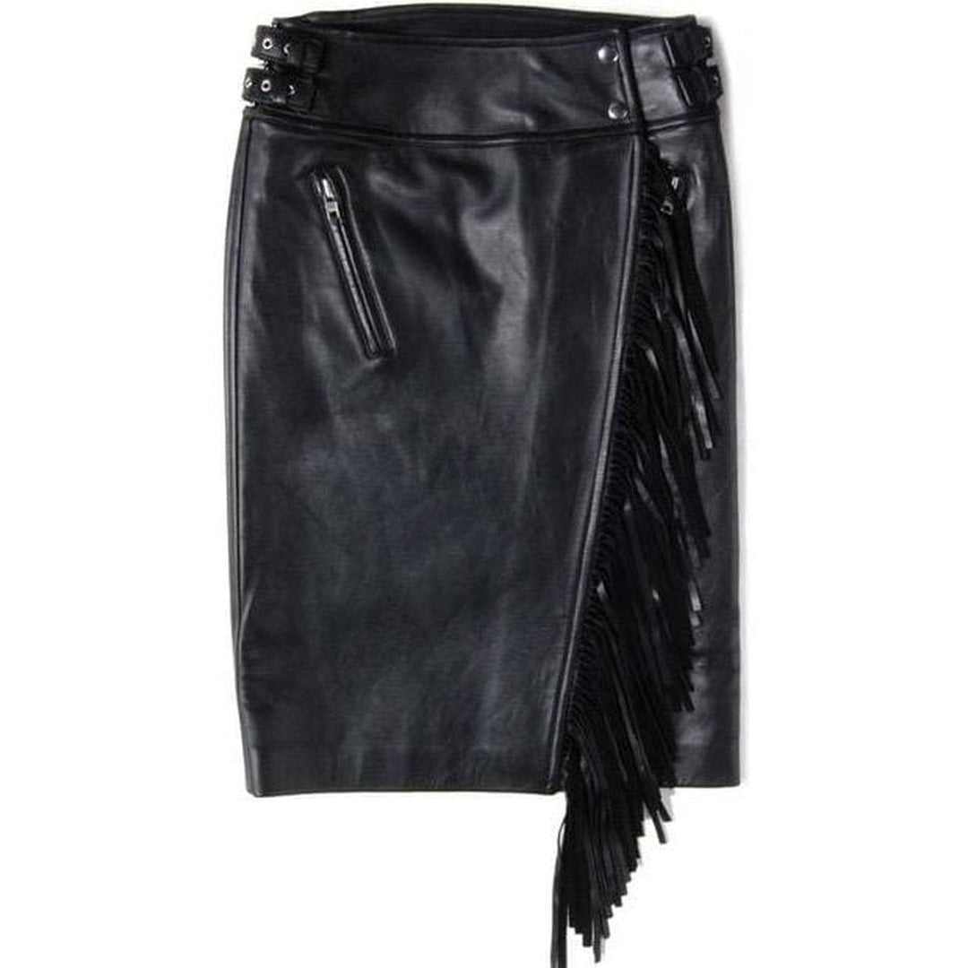 Black Leather Fringe Moto Skirt