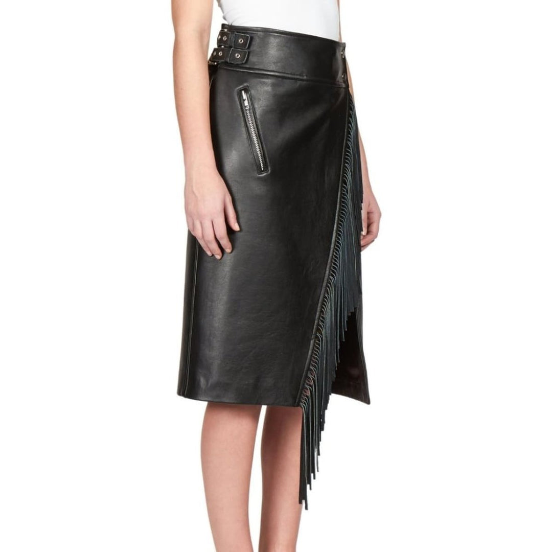 Black Leather Fringe Moto Skirt