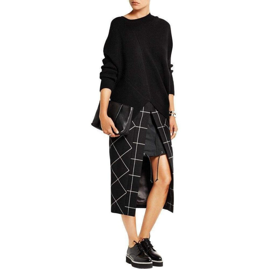 Cotton Twill-Paneled Checked Wool Skirt