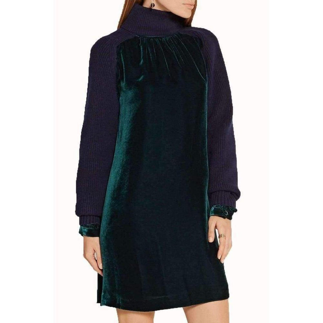 Green Navy Wool Velvet Panelled Dress