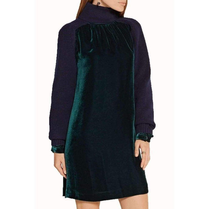 Green Navy Wool Velvet Panelled Dress