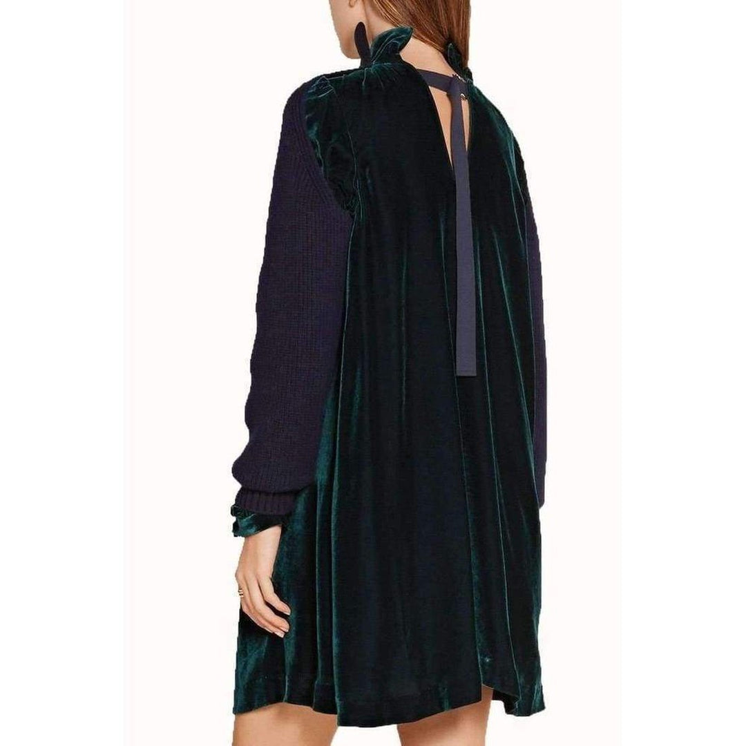 Green Navy Wool Velvet Panelled Dress