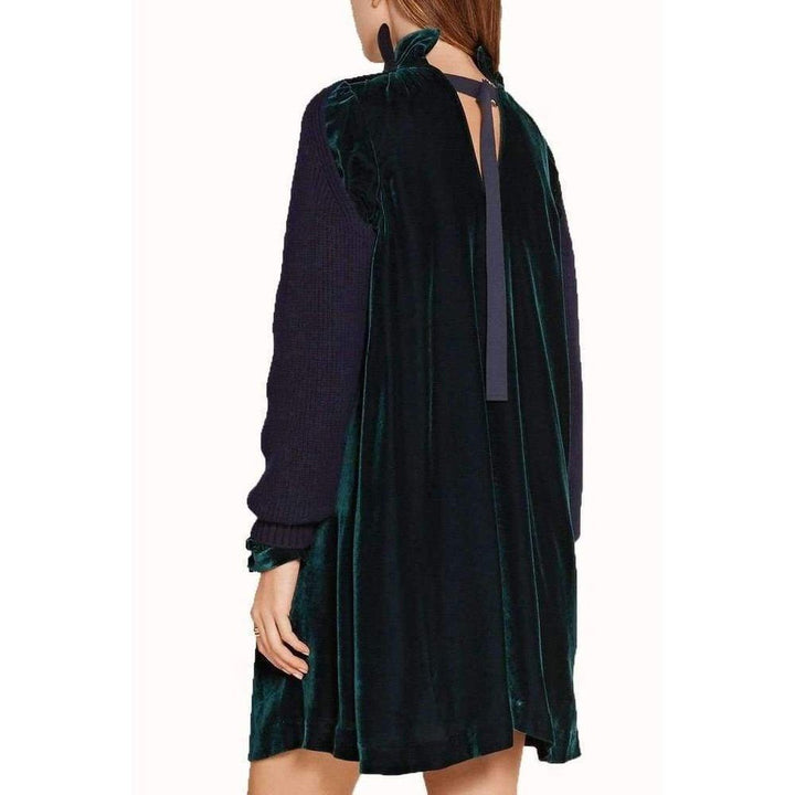Green Navy Wool Velvet Panelled Dress
