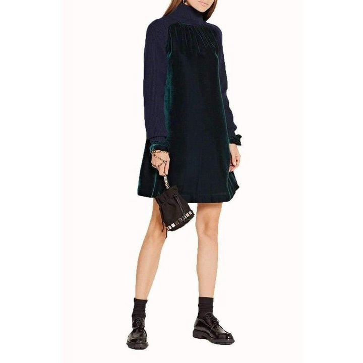 Green Navy Wool Velvet Panelled Dress