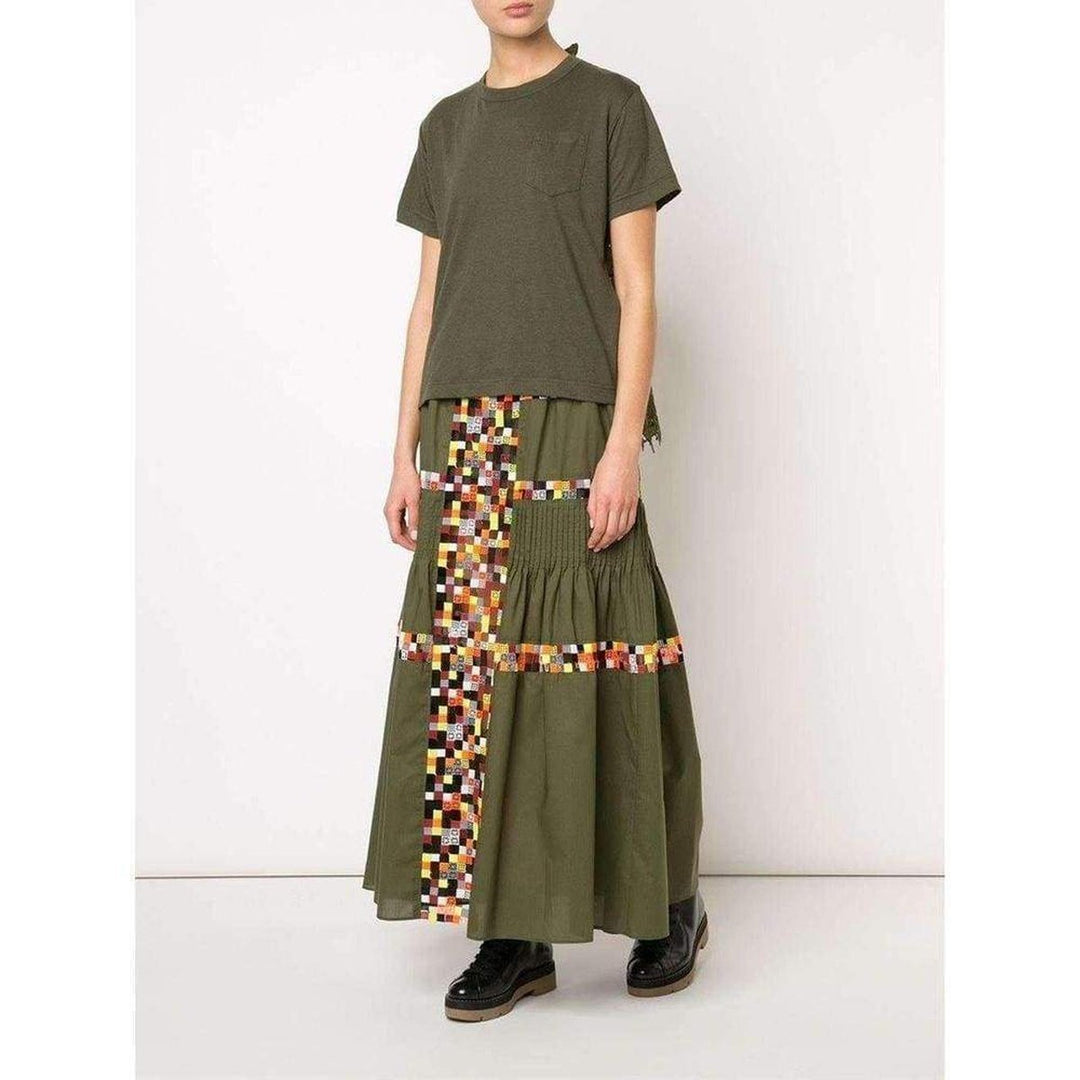 Military Green Embroidered Long Skirt