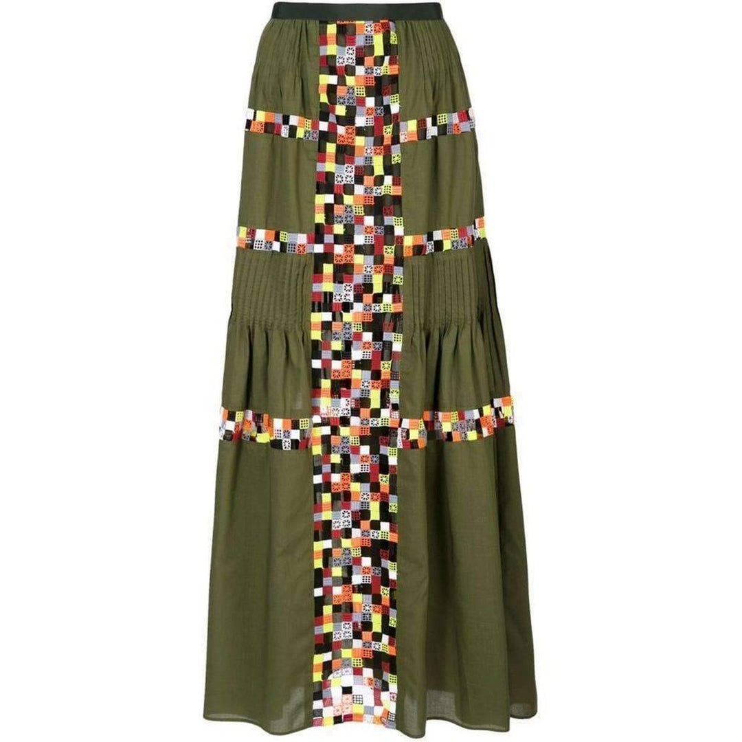 Sacai-Military Green Embroidered Long Skirt - Runway Catalog