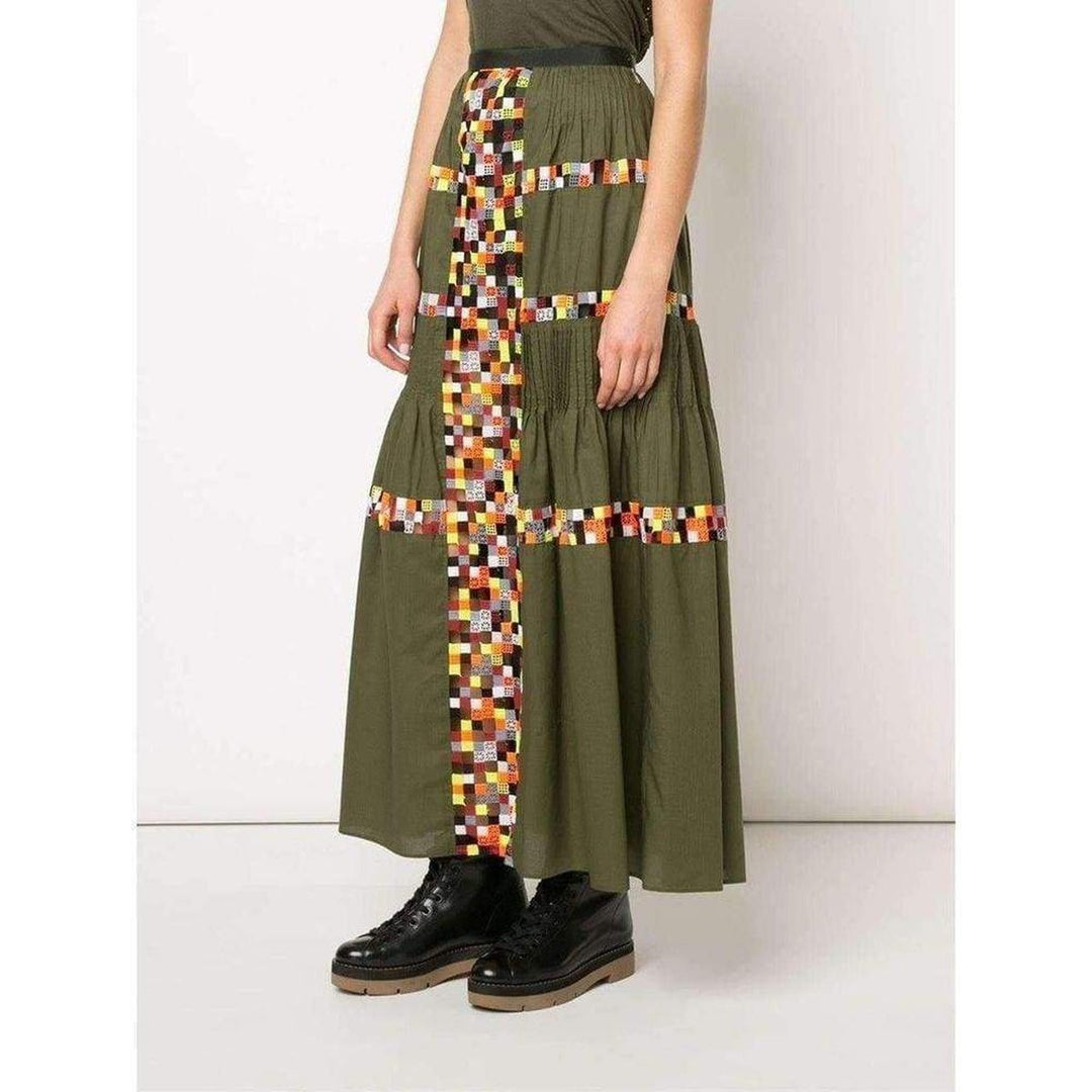 Military Green Embroidered Long Skirt