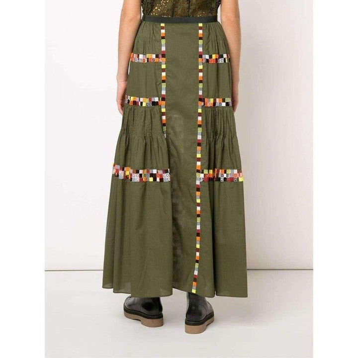 Military Green Embroidered Long Skirt