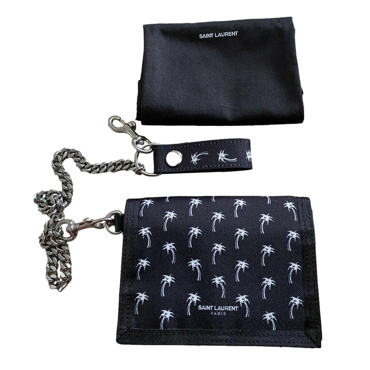 Saint Laurent Buffalo Palm Tree Black Nylon Chain Trifold Wallet 586279