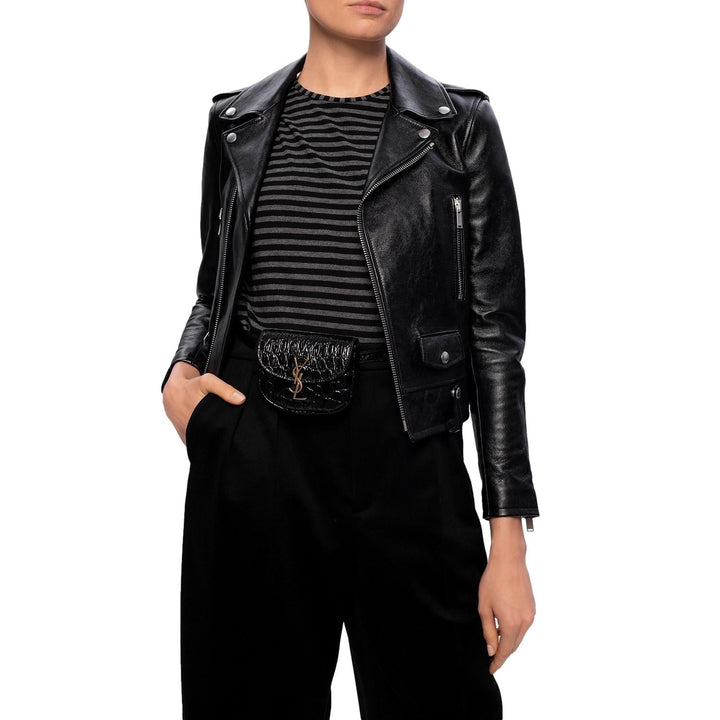 Saint Laurent Kaia Black Leather Croc Embossed Mini Belt Bag 634922