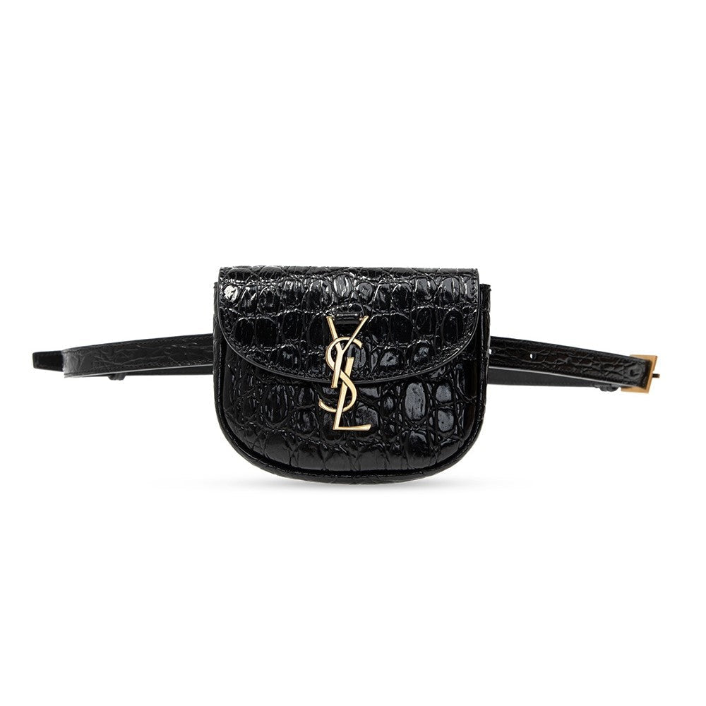 Saint Laurent Kaia Black Leather Croc Embossed Mini Belt Bag 634922
