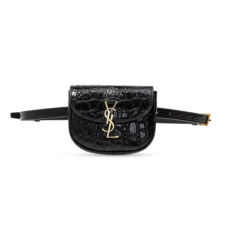 Saint Laurent Kaia Black Leather Croc Embossed Mini Belt Bag 634922