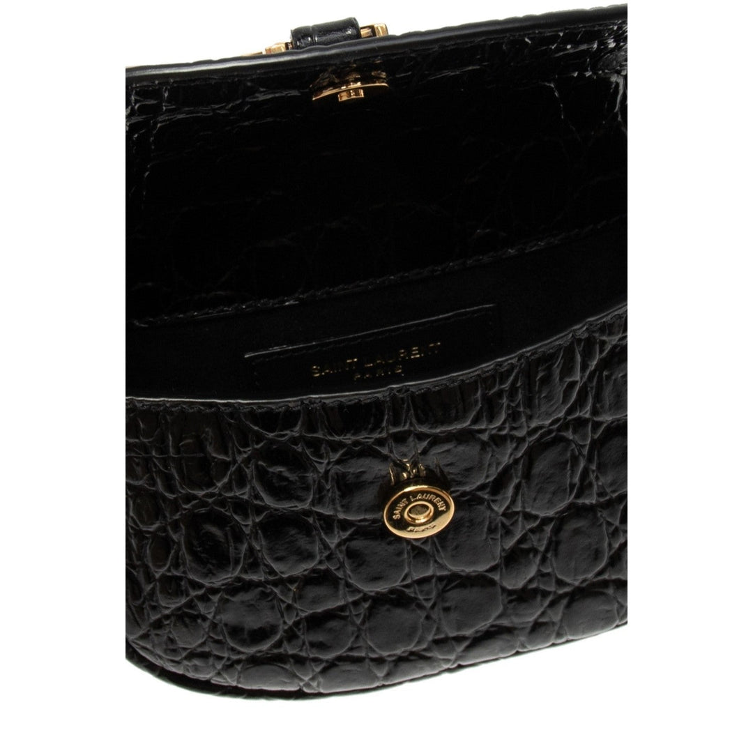 Saint Laurent Kaia Black Leather Croc Embossed Mini Belt Bag 634922