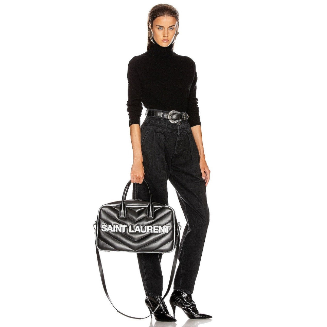 Saint Laurent Miles Logo Black Calf Leather Duffel Bowling Bag 525145