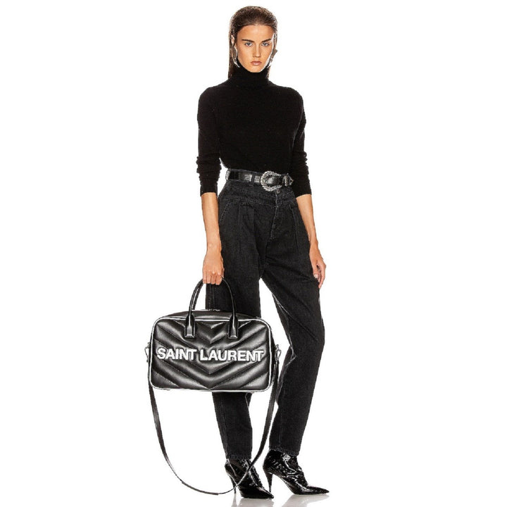 Saint Laurent Miles Logo Black Calf Leather Duffel Bowling Bag 525145