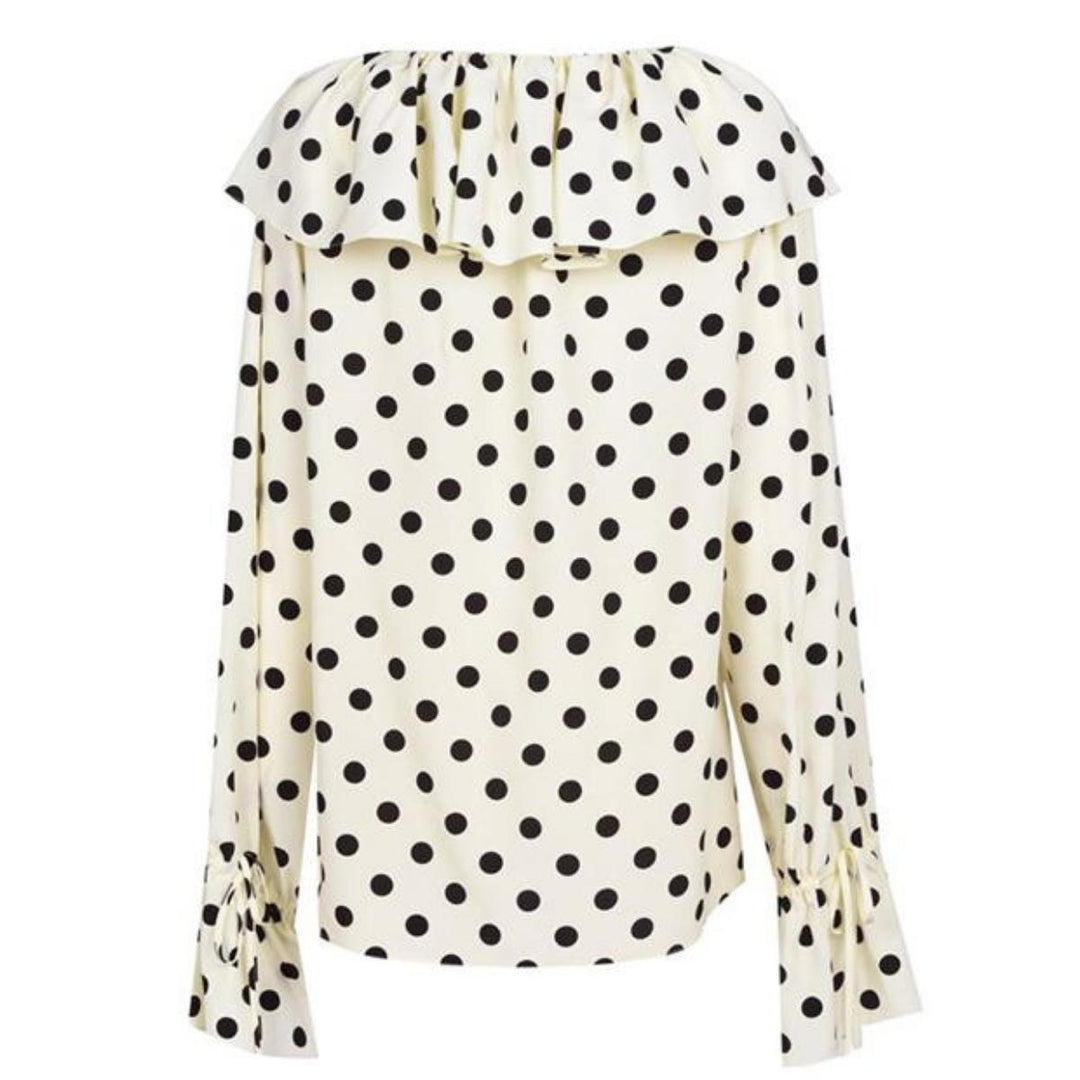 Ruffle-collar Polka-dot Print Silk Blouse