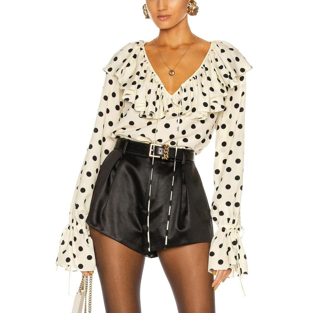 Ruffle-collar Polka-dot Print Silk Blouse