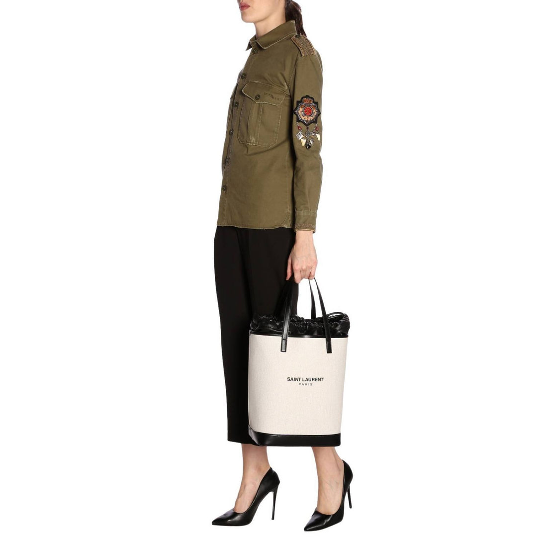 Saint Laurent Teddy White Coated Linen Drawstring Bucket Bag 551595
