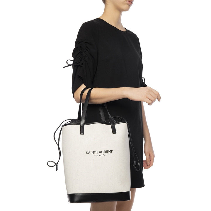 Saint Laurent Teddy White Coated Linen Drawstring Bucket Bag 551595