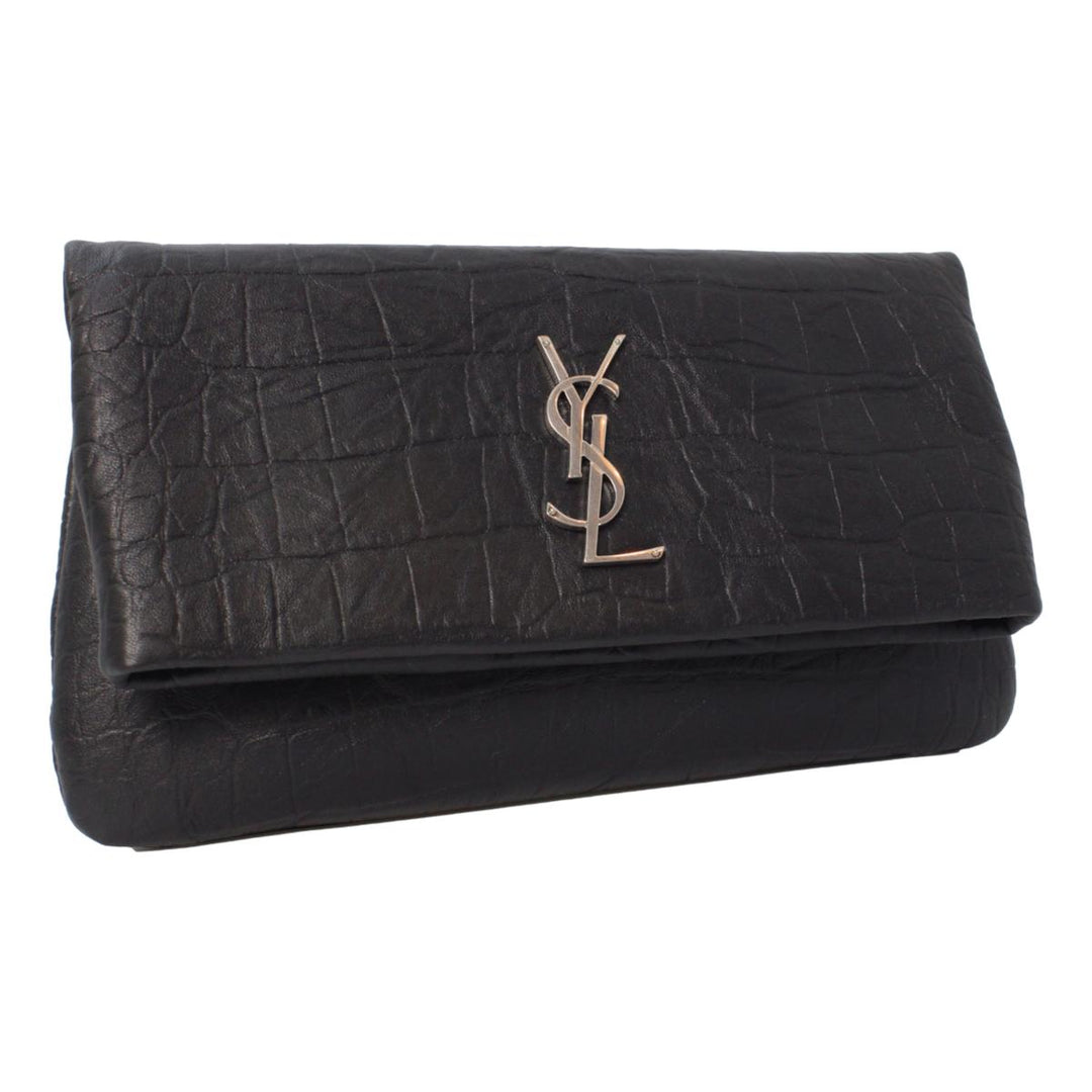 Saint Laurent West Hollywood Black Leather Croc Embossed Clutch 601313
